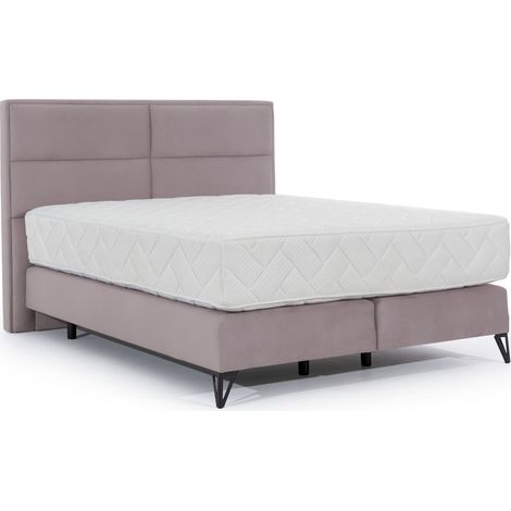 Lit continental velours rose balai Tiempo avec matelas 30cm en latex et pied métal noir-140x200 (1/5)