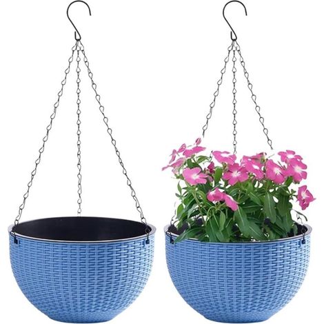 Ensemble de 2 Pots de Fleurs Suspendus avec chaîne en Acier Inoxydable, Pots de Fleurs Suspendus pour Balcon intérieur et extérieur et Pots de Fleurs Suspendus(Calibre 21cm,bleu) (1/4)