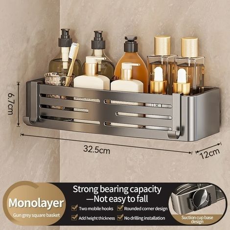 (carré gris) Étagère de rangement de salle de bain en aluminium sans perforation avec ventouses, panier triangulaire mural, rangement d'angle (1/5)