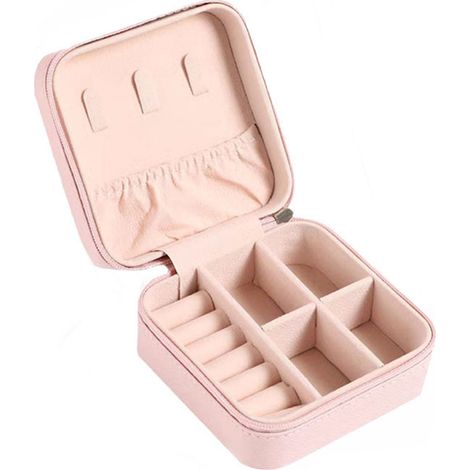 Étui à bijoux portable rose, léger et mini avec fermeture éclair, compartiments multiples pour voyage, domicile ou affaires.