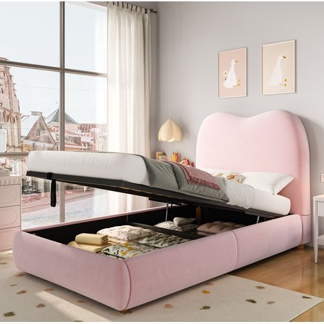 Lit coffre 90x200 cm - Lit simple - Avec tête de lit et sommier à lattes - En velours - Rose - Sans matelas (1/5)