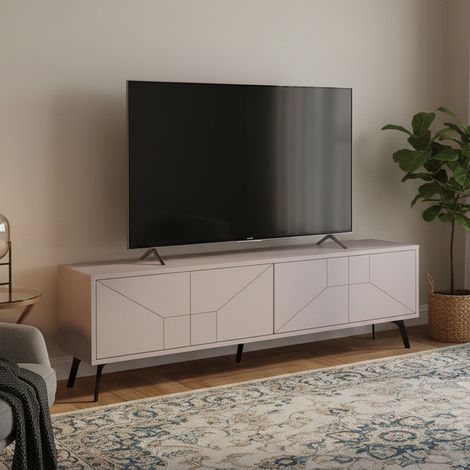 Dmora - Mueble de televisión Aljanah, Aparador de salón, Mueble bajo para TV, Base de pared equipada, 180x30 h50 cm, Beige (1/4)