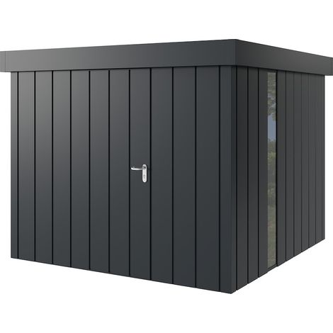 Hörmann Metall-Gerätehaus "Juno" mit Flachdach, JFD10 - Modern, 262 x 262 cm (B x T), anthrazit, mit bodentiefem Fenster, 1-flüglige Tür, Anschlag links