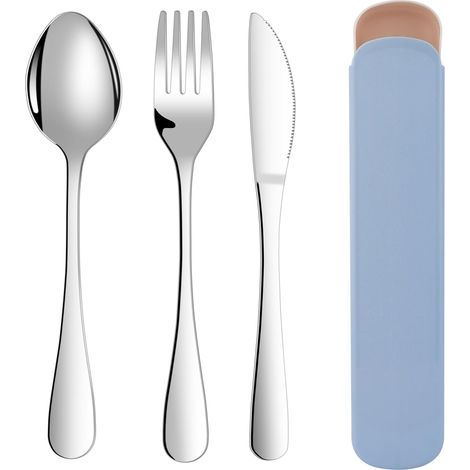 3-teiliges Edelstahl-Besteckset mit Etui, spülmaschinenfest, ideal für Reisen und Büro. (1/5)