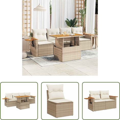 vidaXL Canapé extérieur - Salon de jardin avec coussins 5 pcs beige résine tressée acacia (1/5)