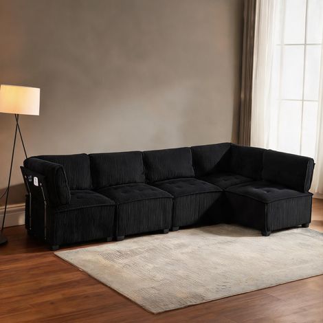 Canapé modulaire 6 places en velours côtelé noir 308 cm (1/5)