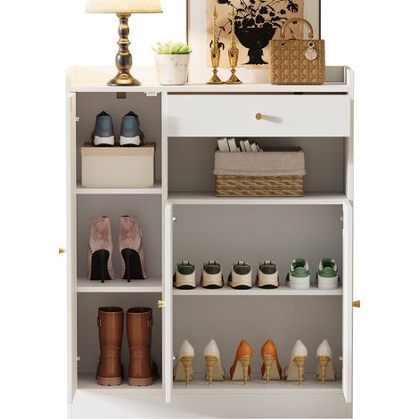 Schuhschrank mit 3 Turen, 1 Schublade und Verstellbaren Einlegeboden fur Flur oder Esszimmer aus MDF 90x35x110 cm (1/5)