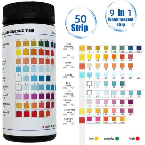 Packung mit 50 9-in-1-Teststreifen für Schwimmbäder, multifunktionale Wasserqualitätskontrolle, Schachtel mit 50 Tests (1/5)