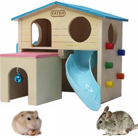 Cachette pour petits animaux de compagnie, maison pour hamster avec échelle amusante, toboggan, cabane en bois et jouets à mâcher pour petits animaux comme les hamsters nains et les souris. (1/5)