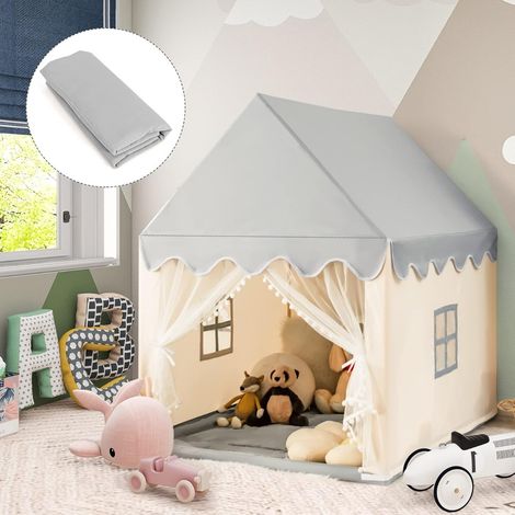Tente de Jeu pour Enfants avec Tapis Rembourré & Cadre en Bois Maisonnette avec Rideaux en Gaze et Fenêtres 120 x 105 x 140 cm Beige (1/2)