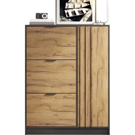 Zapatero 100x30x130 cm de MDF con 3 puertas abatibles y 1 compartimento, natural y negro (1/5)