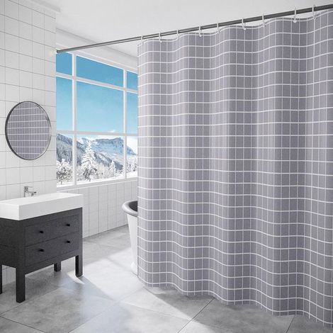 Grauer, karierter Duschvorhang mit Haken, 180 x 180 cm, schimmelresistent, wasserdicht, waschbares Polyester fürs Badezimmer (1/4)