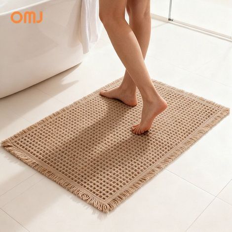 Alfombra de baño con textura de gofre, altamente absorbente y antideslizante, lavable a máquina, con borlas y base de goma. -Caqui (1/5)