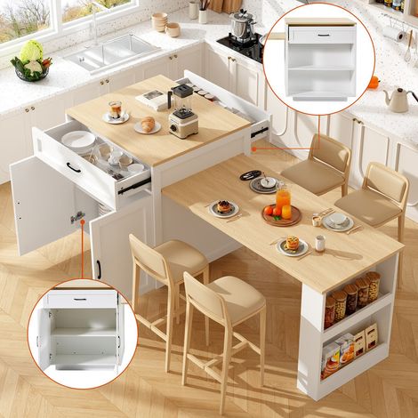 Îlot de cuisine extensible avec rangements, 2 tiroirs et 2 compartiments – table à manger, table de bar, placard, meuble de cuisine – buffet de rangement côtés rabattables - 133-202×70×93.5