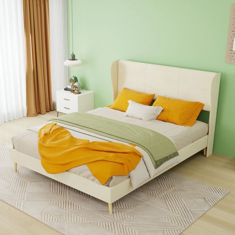 Polsterbett 140x200 cm Beige mit Kopfteil Stoff Metall OKMYHOME (1/5)