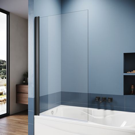 ELEGANT Bath Screen 800x1400mm Reversible Bath Shower Screen Door Safety Glass Panel 5mm with 180 Degree Matt Black Hinge (1/5)