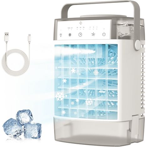 Climatiseur 4 en 1, petit ventilateur portable avec réservoir d'eau de 1 000 ml, minuterie, 3 brumisateurs, 7 modes d'éclairage, chargement USB