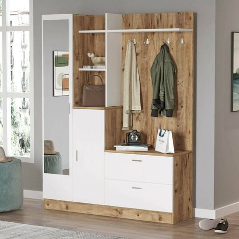Dmora - Mobile da ingresso Anumali, Entratina appendiabiti, Composizione per atrio, Consolle portaoggetti multifunzione, 140x37h182 cm, Quercia e Bianco