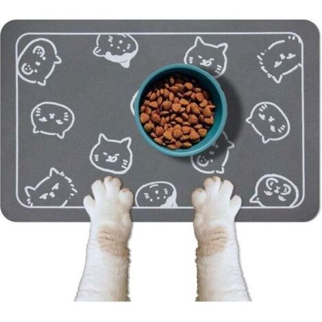 BUNTHAUS PA Confezione da 2 tappetini per ciotole per animali domestici, antiscivolo e super assorbenti, con loghi multipli a forma di testa di gatto, 45 x 30 cm, grigio scuro (1/4)