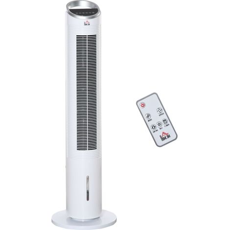HOMCOM Luftkühler mit Wasserkühlung Fernbedienung Turmventilator mit 2L Wassertank Standventilator mit Luftbefeuchtung 8h Timer Nutzungsraum 20㎡ 60W ABS Weiß Ø30 x 100,8H cm