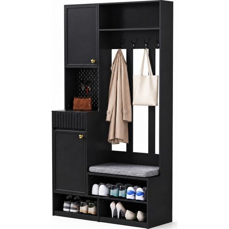 Vestiaire d'entrée complet avec banc rembourré, 4 crochets, placard, panneau perforé et 2 tiroirs, meuble de rangement d'entrée noir 100x35x180 cm  CHICFURN (1/5)