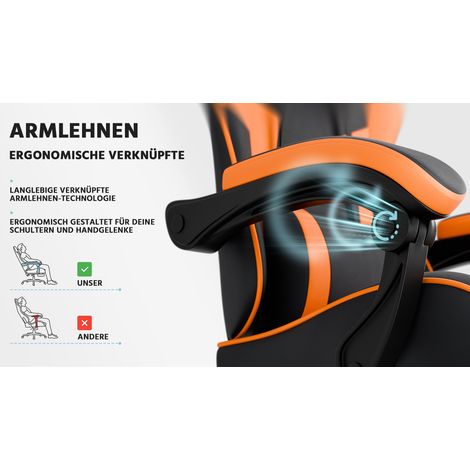 Fauteuil gamer ergonomique noir et orange, dossier réglable avec appui lombaire, assise de bureau en cuir PU respirant, chaise PC confortable, capacité 200 kg, hauteur ajustable