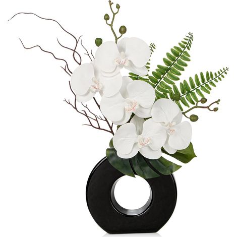Arrangement de fleurs d'orchidées artificielles de 41 cm - Orchidée blanche en soie avec vase en céramique noir - Arrangement de fleurs phalaenopsis artificielles pour décoration de table à la (1/5)