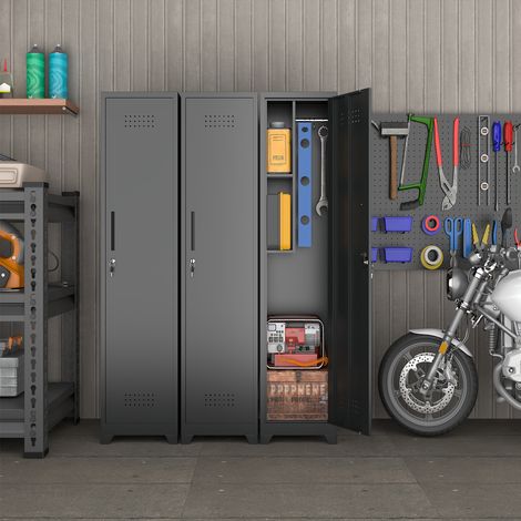 Armoire de rangement mince en métal noir avec porte verrouillable, étagères et tringle, hauteur 165 cm (65 po), idéale pour la cuisine, le garde-manger, le bureau, l'atelier et le garage. (1/5)