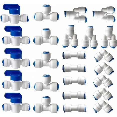 Raccord Osmoseur de filtre à eau, Raccord Droit 1/4" (6MM) Pushfit pour Tuyau de Filtre à Eau, Raccords pour Réfrigérateur Tubes de (Robinet Combiné de Type Y + T + I + L + Robinet d\'Arrêt)25 pièces (1/5)
