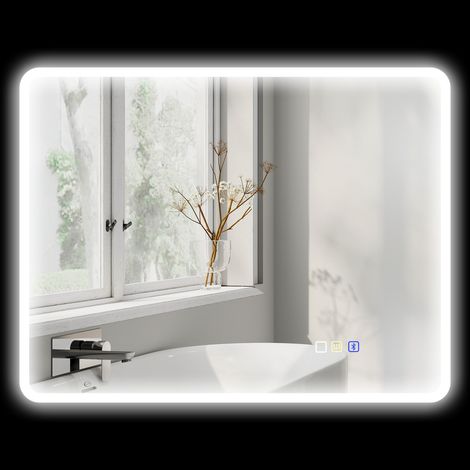 LED-Badezimmerspiegel mit Bluetooth, 70 x 90 cm, Touch-Schalter, einstellbare Beleuchtung, 3 Farben, Antibeschlagfunktion, Memory-Funktion, silber