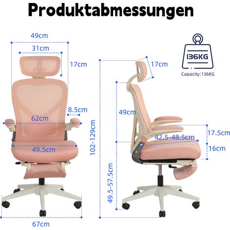 Chaise de bureau ergonomique pliable, petite chaise pliante avec soutien lombaire, coussin d'assise en mousse, accoudoirs rabattables, appui-tête 3D et repose-pieds, rose (1/5)