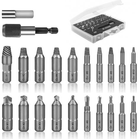 Kit d'Extracteur de Vis Cassé, 22 PCS Outils d'Extraction Améliorés en Acier Allié HSS 4341 avec Mèches 2 Porte-embouts d'Extension Magnétique Adaptateur de Prise pour Boulon Endommagé, Noir (1/5)