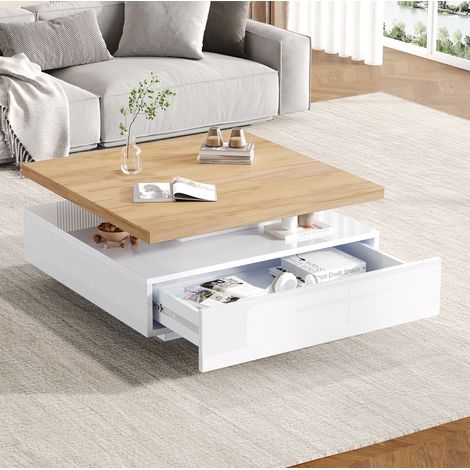Table basse carrée 70x70x36 cm blanc et noyer, plateau pivotant 360° avec tiroir, MEUBLIV (1/5)