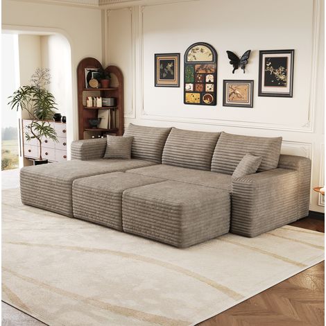 Canapé d'angle modulaire réversible sans montage, assise profonde, tissu effet velours côtelé camel (1/5)