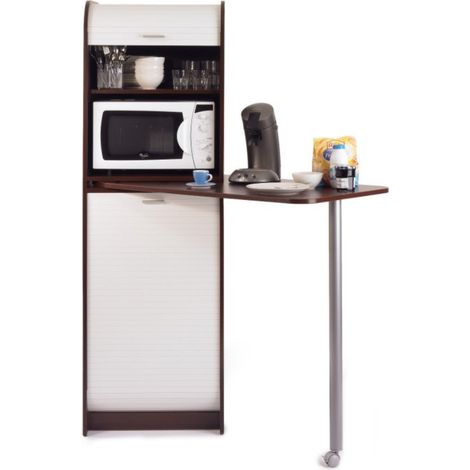 Table haute de cuisine pivotante et rangement bois wengué et blanc Snack 131cm (1/4)