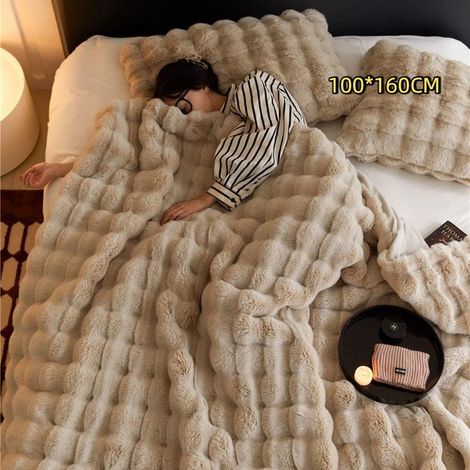 1 pièce Couverture en peluche ultra douce, molletonnée, beige 100x160 cm, pour canapé et lit (1/5)