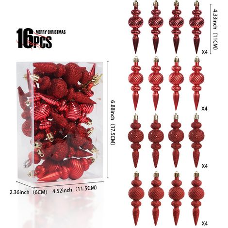 Juego de 16 bolas navideñas - Decoración clásica para el árbol - Adornos navideños - Irrompibles - Rojas