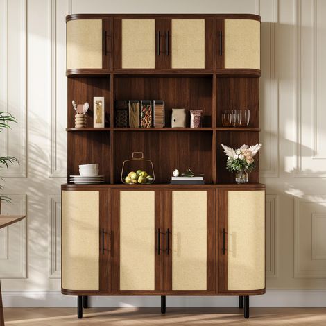 Buffet haut meuble de rangement 120x20x180 cm pour salon et séjour avec 8 portes aspect rotin tressé mdf pieds en métal noyer (1/5)