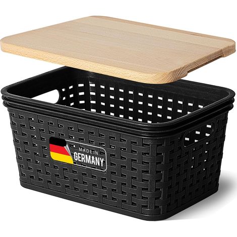 Boîte de rangement Novaliv avec couvercle en bois Mini panier 2L Noir en rotin Panier de rangement alimentaire Boîte empilable Boîte en plastique