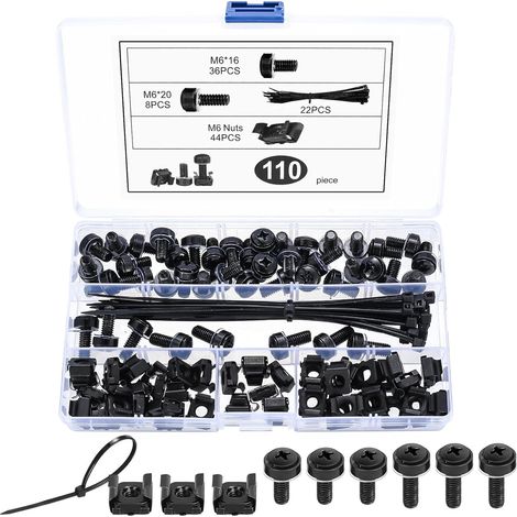 Lot de 110 écrous cages M6 - Écrous et vis pour armoire réseau, boîtier de serveur, multiprise, avec 22 serre-câbles, noirs (1/5)