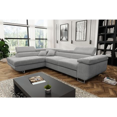 Tendencio – Canapé convertible d'angle 5 places en velours côtelé gris – Design moderne pour grands salons – Large assise confortable