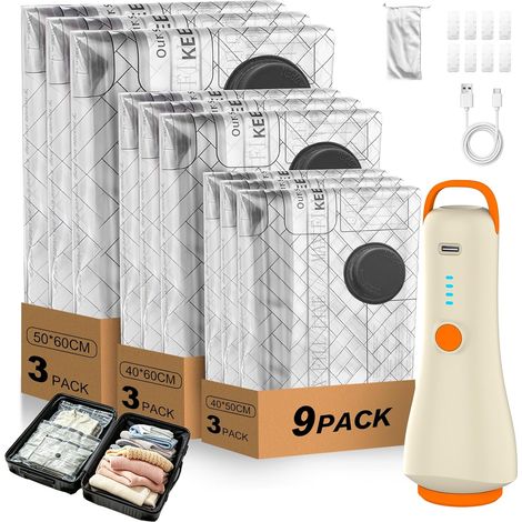 Lot de 9 sacs de rangement sous vide avec pompe électrique sans fil (1/5)