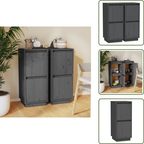 Sideboards 2 Stk. Grau 31,5x34x75 cm Massivholz Kiefer - Holz Sideboard - Grau Sideboard - Massiver Kiefernholzschaukel - Sideboards Set - Wohnzimmerschrank (1/5)