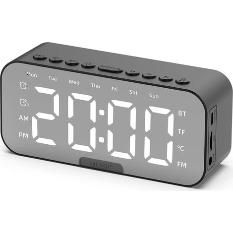 (Noir) Enceinte Bluetooth avec écran miroir LED, double réveil numérique et radio FM. (1/5)