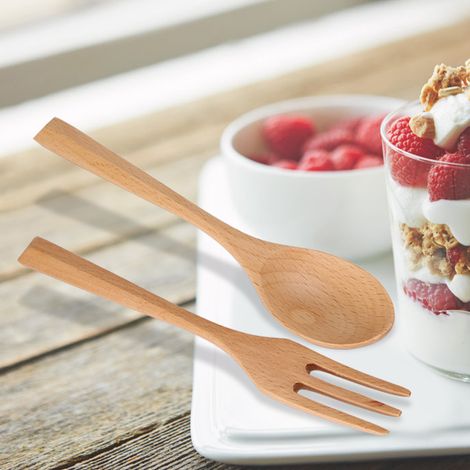 Natürliches Holzlöffel- und Gabelset, Dessertgeschirr für die Küche (Löffel und Gabel) (1/5)