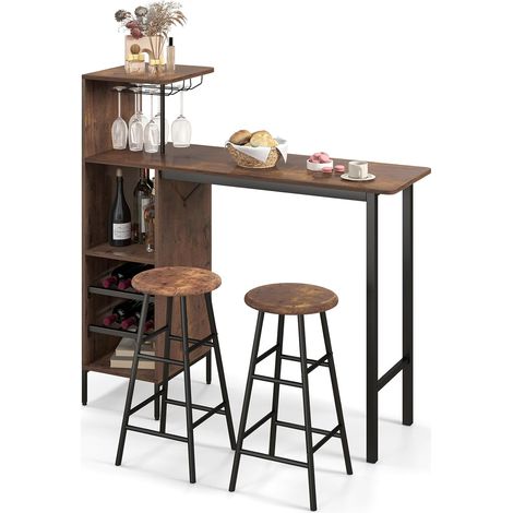 GOPLUS Set Table à manger&2 Chaise, Ensemble 3 Pièce,120 x 40 x 35cm, Etagère à Vin à 2 Niveaux&Etagère de Stockage Ouverte,Café