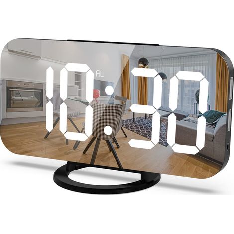 Digitaler Wecker mit USB-Ladeanschluss, Schlafzimmer-Make-up-Spiegel, Reisewecker, Schreibtischuhr, große Schlummertaste für Heimdekoration, Weiß