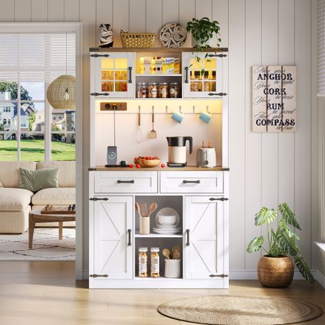 Barschrank mit LED – Weißes Küchenbuffet – Kommode im Scheunentor-Stil – Mit Steckdosen und Schubladen – 100 x 40 x 172 cm