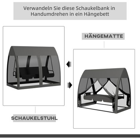 Balançoire 3 places pour terrasse, hamac de véranda avec fonction lit, balançoire Hollywood avec moustiquaire et cadre en acier, gris (1/5)