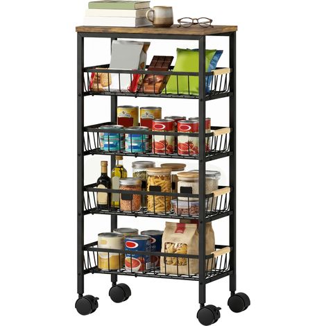 Chariot auxiliaire à roulettes, 4 paniers amovibles, capacité de charge 15 kg, structure métallique pour salle à manger, 40 x 24 x 81,5 cm, marron rustique (1/5)